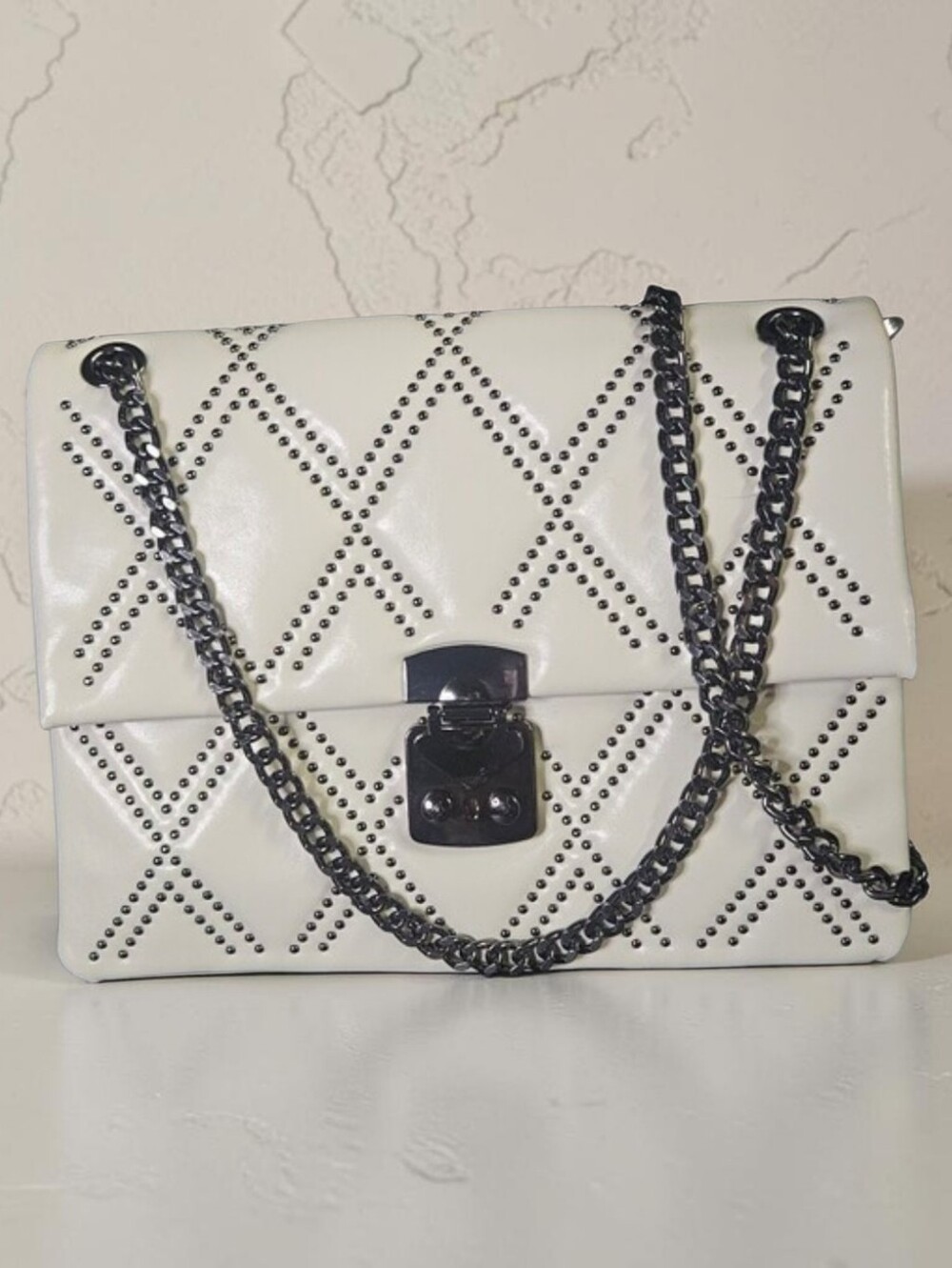 NWOT-Genuine Leather Studded Diamond Quilted Crossbody Shoulder Bag